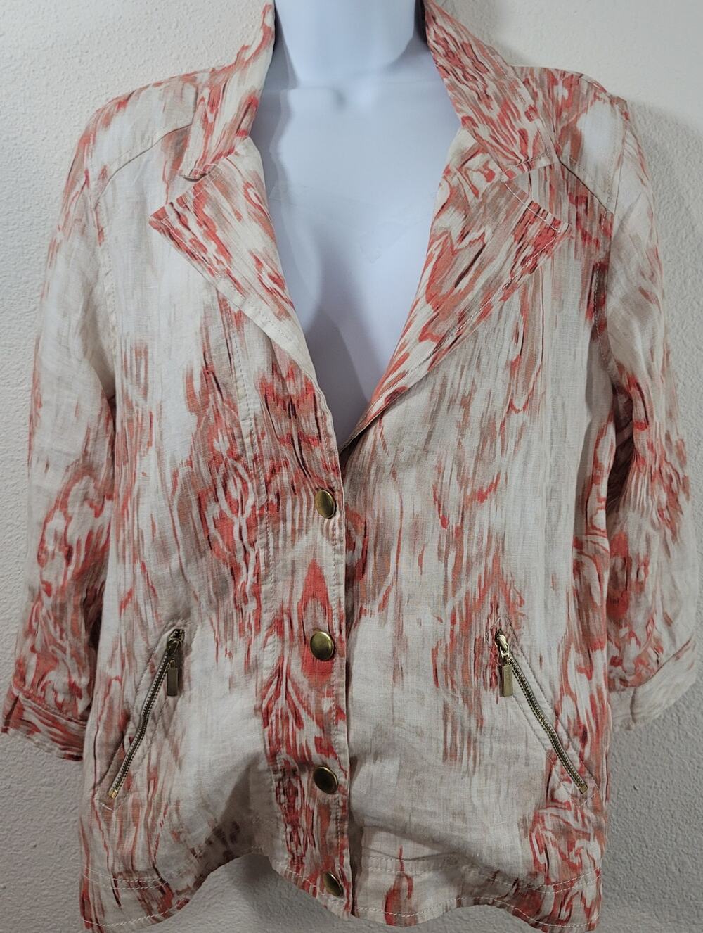 Chico's Cream Orange Abstract Print Half Snap Closure Jacket 2 Large Lightweight